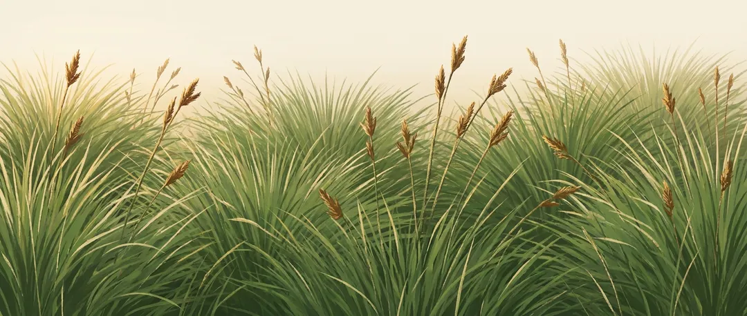 Big bluestem prairie grass swaying at golden hour, illustrated in a painterly style